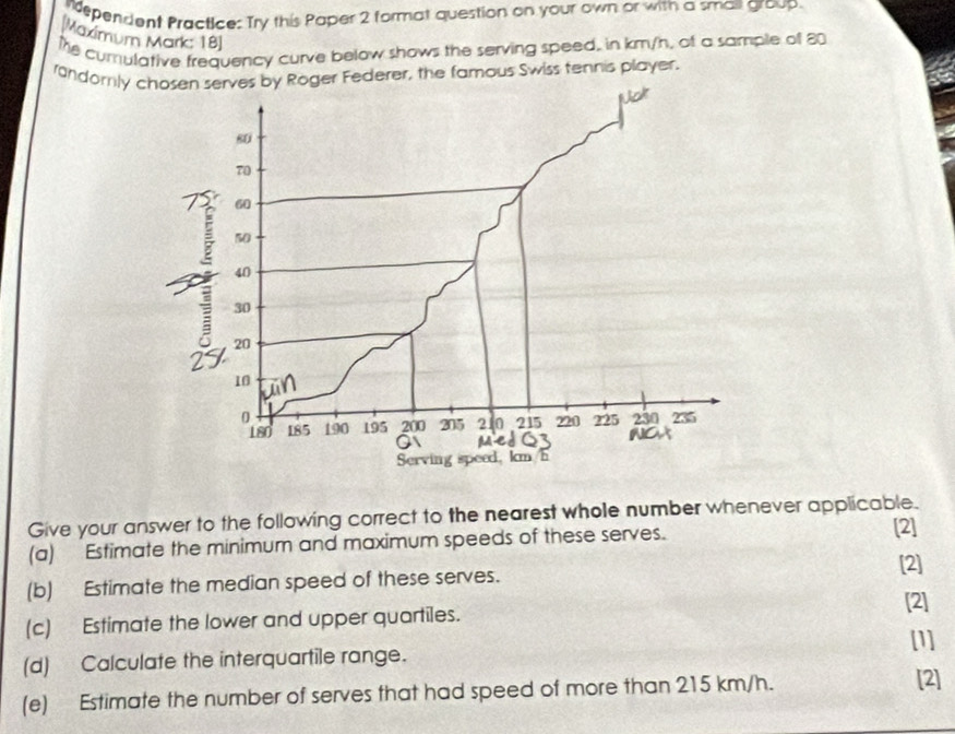 rdependent Practice: Try this Paper 2 format question on your own or with a smas group. 
Maximum Mark: 18] 
he cumulative frequency curve below shows the serving speed, in km/h, of a sample of 80
randornily chosen serves by Roger Federer, the famous Swiss tennis player. 
Give your answer to the following correct to the nearest whole number whenever applicable. 
(a) Estimate the minimum and maximum speeds of these serves. 
[2] 
[2] 
(b) Estimate the median speed of these serves. 
[2] 
(c) Estimate the lower and upper quartiles. 
[1] 
(d) Calculate the interquartile range. 
(e) Estimate the number of serves that had speed of more than 215 km/h. 
[2]