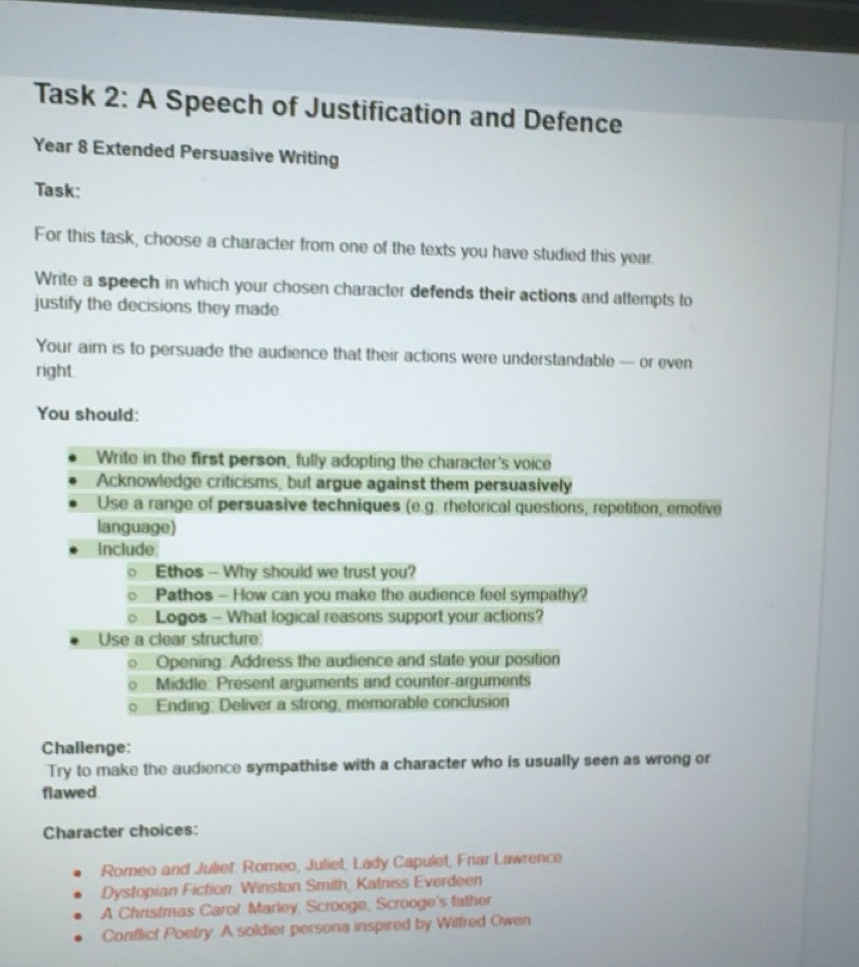 Solved: Task 2: A Speech of Justification and Defence Year 8 Extended ...