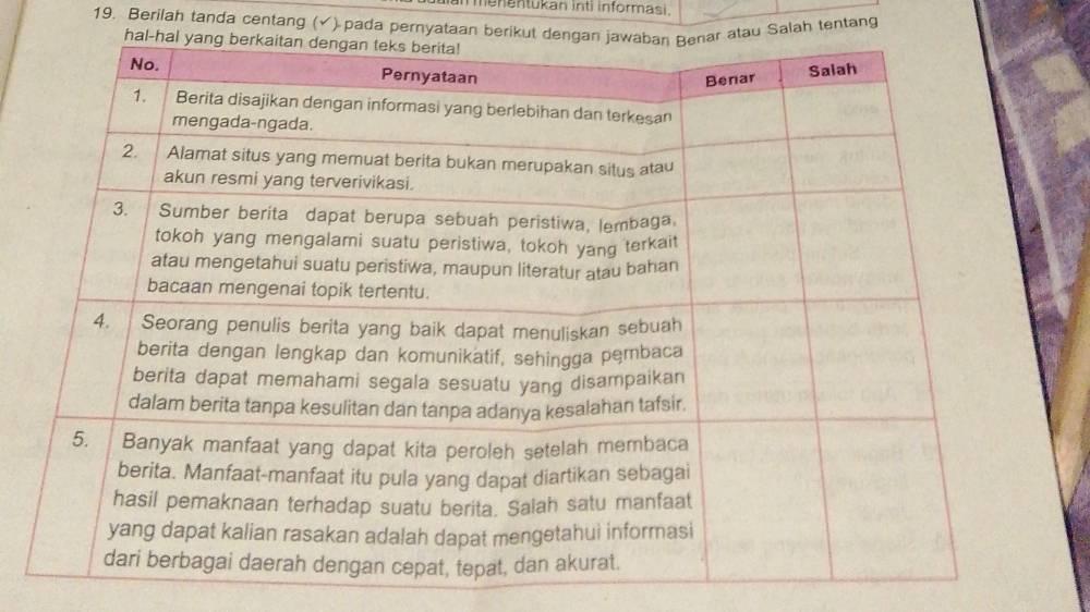 menentukan inti informasi. 
19. Berilah tanda centang (√) pada pernyataan beu Salah tentang