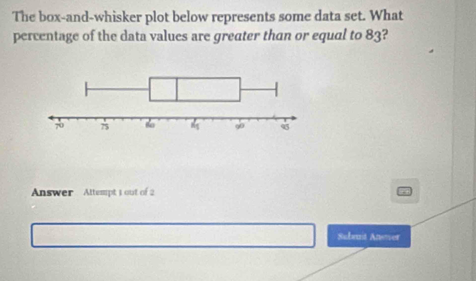 The box-and-whisker plot below represents some data set. What 
percentage of the data values are greater than or equal to 83? 
Answer Altempt 1 out of 2 
Subrnt Anewer