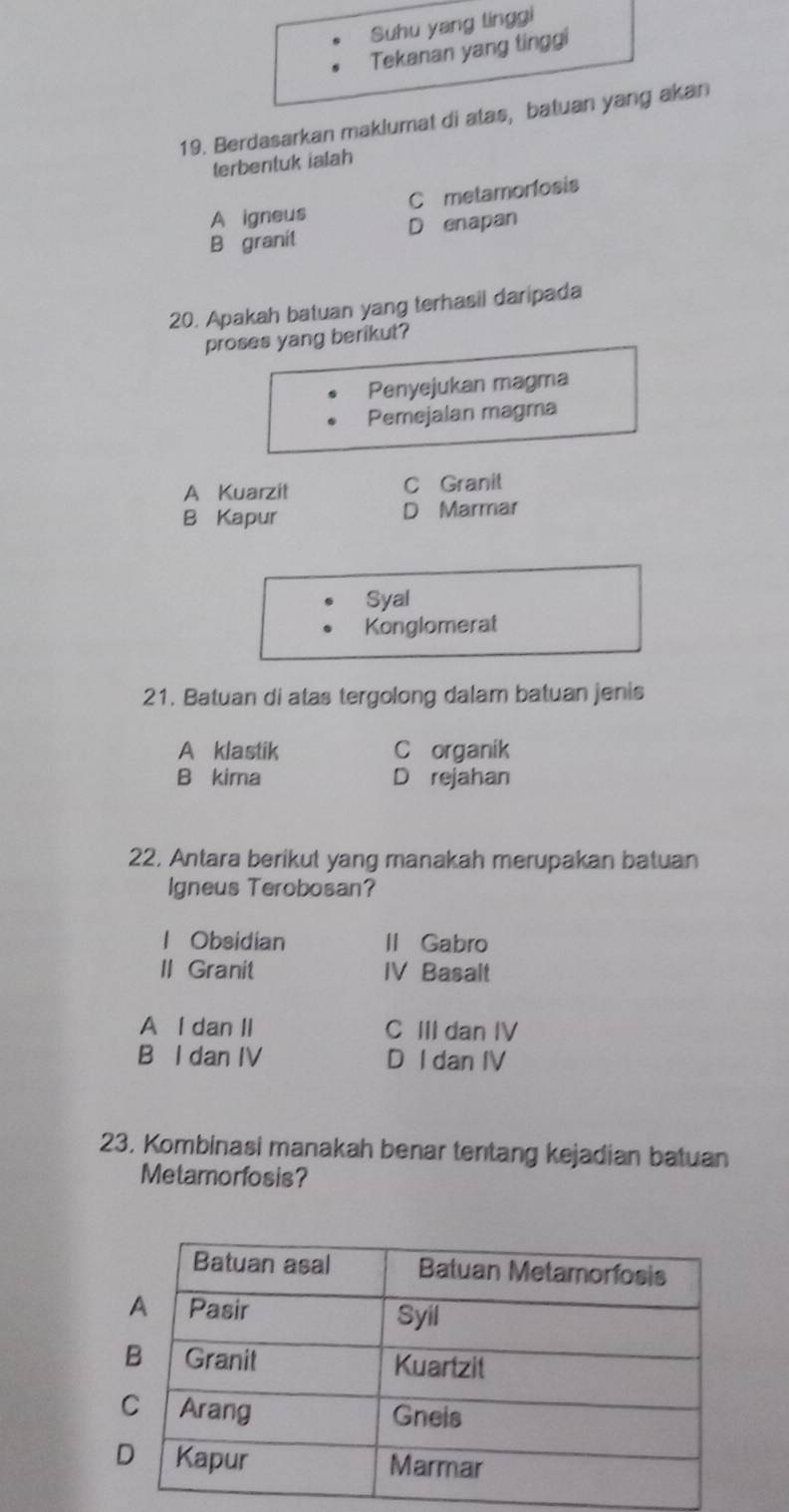 Suhu yang tinggi
Tekanan yang tinggi
19. Berdasarkan maklumat di atas, batuan yang akan
terbentuk ialah
A igneus C metamorfosis
B granit D enapan
20. Apakah batuan yang terhasil daripada
proses yang berikut?
Penyejukan magma
Pemejalan magma
A Kuarzit C Granit
B Kapur D Marmar
Syal
Konglomerat
21. Batuan di atas tergolong dalam batuan jenis
A klastik C organik
B kima D rejahan
22. Antara berikut yang manakah merupakan batuan
Igneus Terobosan?
l Obsidian II Gabro
II Granit IV Basalt
A l dan II C III dan IV
B I dan IV D I dan IV
23. Kombinasi manakah benar tentang kejadian batuan
Metamorfosis?