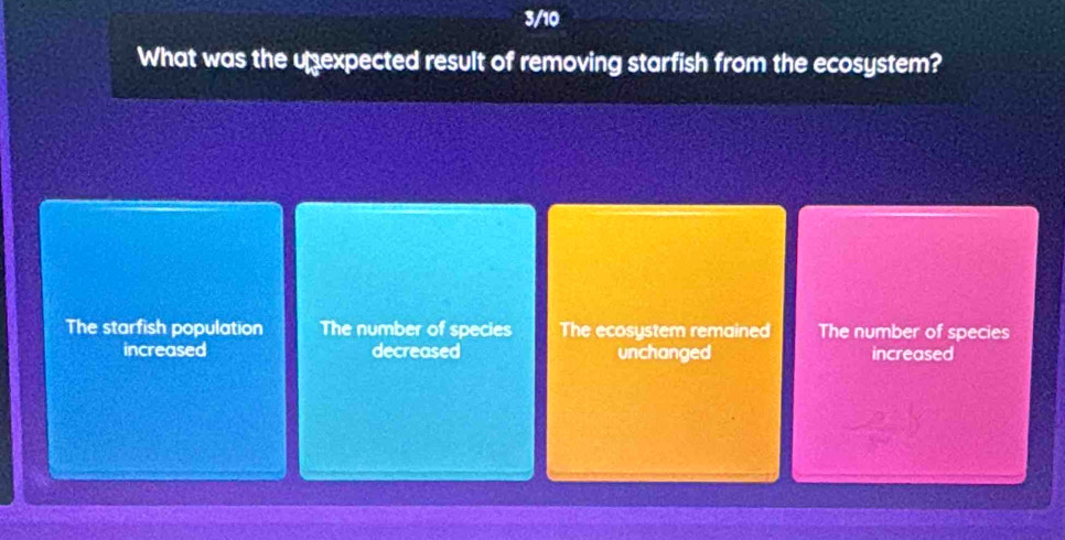 3/10
What was the uexpected result of removing starfish from the ecosystem?
The starfish population The number of species The ecosystem remained The number of species
increased decreased unchanged increased