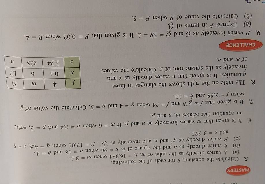 MASTERY 
5. Calculate the constant, k for each of the following. 
(a) L varies directly as the cube of m. L=16.384 when m=3.2. 
(b) h varies directly as a and the square of b. h=96 when a=18 and b=4. 
(c) P varies directly as q^2 and r, and inversely as sqrt[3](s). P=17.01 when q=4.5, r=9
and s=3775. 
6. It is given that m varies inversely as n and p. If m=6 when n=0.4 and p=5 , write 
an equation that relates m, n and p. 
7. It is given that falpha g^2h and f=24 when g=4 and h=5. Calculate the value of g
when f=5.88 and h=10. 
8. The table on the right shows the changes in three 
quantities. It is given that y varies directly as x and 
inversely as the square root of z. Calculate the values 
of m and n. 
CHALLENGE 
9. P varies inversely as Q and Q=3R-2. It is given that P=0.02 when R=4. 
(a) Express P in terms of Q. 
(b) Calculate the value of R when P=5.