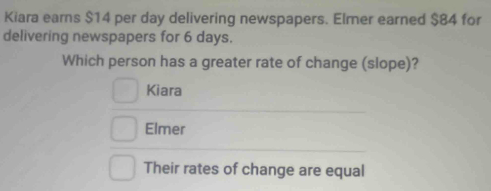 Kiara earns $14 per day delivering newspapers. Elmer earned $84 for 
delivering newspapers for 6 days. 
Which person has a greater rate of change (slope)? 
Kiara 
Elmer 
Their rates of change are equal