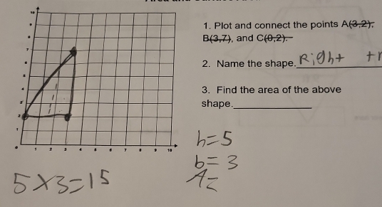 Plot and connect the points A(3,2), 
, and C(0,2).
B(3,7)
2. Name the shape._ 
3. Find the area of the above 
shape._