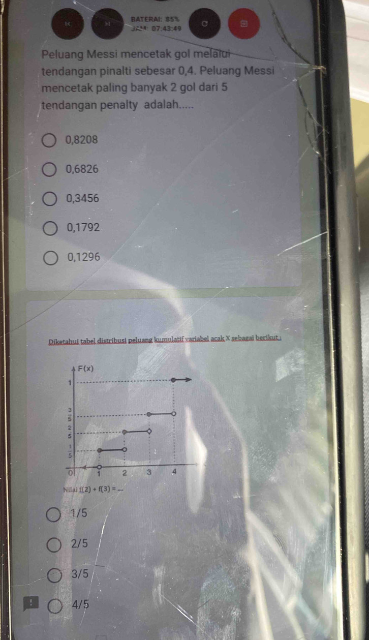 BATERAI：85% C
3A 07:43:49
Peluang Messi mencetak gol melalui
tendangan pinalti sebesar 0,4. Peluang Messi
mencetak paling banyak 2 gol dari 5
tendangan penalty adalah.....
0,8208
0,6826
0,3456
0,1792
0,1296
Diketahui tabel distribusi peluang kumulatif variabel acak X sebagai berikut ;
Nilai f(2)+f(3)=...
1/5
2/5
3/5
! 4/5