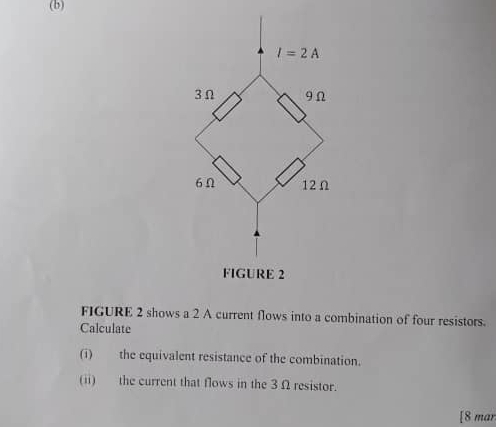 FIGURE 2 shows a 2 A current flows into a combination of four resistors.
Calculate
(i) the equivalent resistance of the combination.
(ii) the current that flows in the 3Ω resistor.
[8 mar