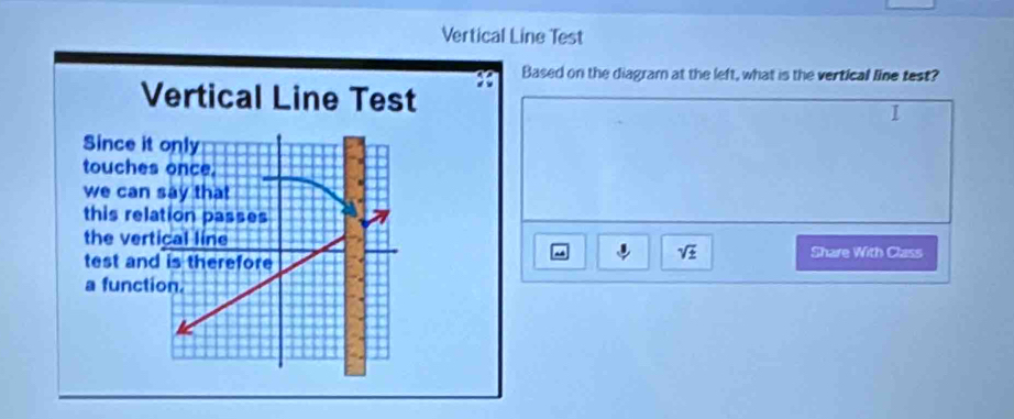 Vertical Line Test 
Based on the diagram at the left, what is the vertical line test? 
Vertical Line Test I 
Since it only 
touches once. 
we can say that 
this relation passes 
the vertical line
sqrt(± ) Share With Class 
test and is therefore 
a function.