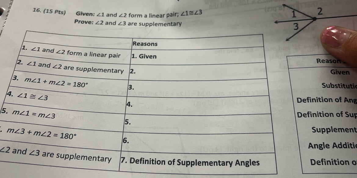 Given: ∠ 1 and ∠ 2 form a linear pair; ∠ 1≌ ∠ 3
Prove: ∠ 2 and ∠ 3 are supplementary
Reason
Given
Substitutic
4
ition of Ang
5.
ition of Sup
upplement
Angle Additić
∠ 2 efinition o