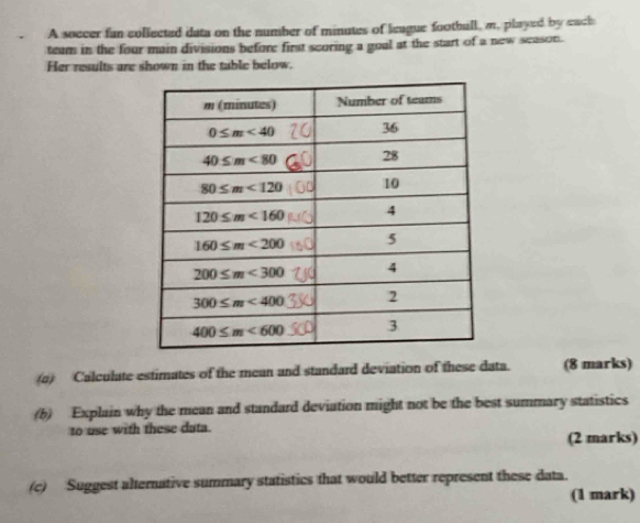 A soccer fan collected data on the number of minutes of leugue football, m. played by each
tear in the four main divisions before first scoring a goul at the start of a new season.
Her results are shown in the table below.
(a) Calculate estimates of the mean and standard deviation of these data. (8 marks)
(5) Explain why the mean and standard deviation might not be the best summary statistics
to use with these data.
(2 marks)
(c) Suggest alternative summary statistics that would better represent these data.
(1 mark)