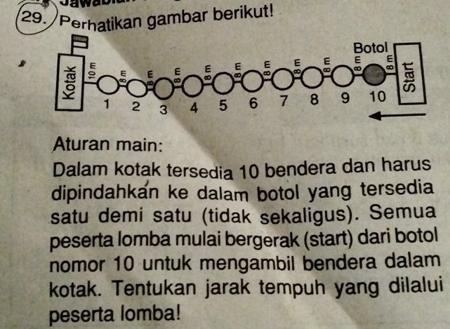 Perhatikan gambar berikut! 
Aturan main: 
Dalam kotak tersedia 10 bendera dan harus 
dipindahkan ke dalam botol yang tersedia 
satu demi satu (tidak sekaligus). Semua 
peserta lomba mulai bergerak (start) dari botol 
nomor 10 untuk mengambil bendera dalam 
kotak. Tentukan jarak tempuh yang dilalui 
peserta lomba!