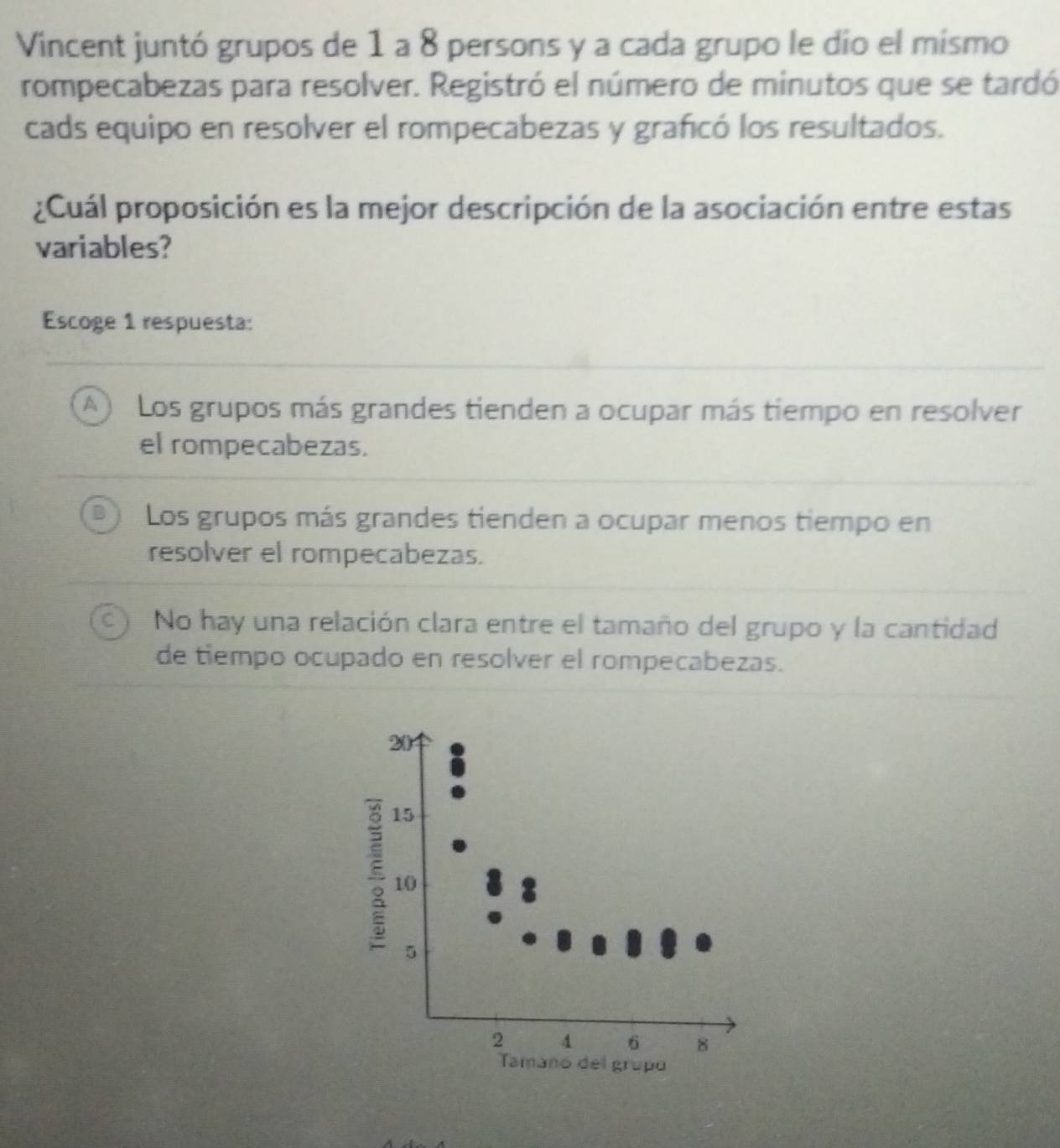 Vincent juntó grupos de 1 a 8 persons y a cada grupo le dío el mismo
rompecabezas para resolver. Registró el número de minutos que se tardó
cads equipo en resolver el rompecabezas y graficó los resultados.
¿Cuál proposición es la mejor descripción de la asociación entre estas
variables?
Escoge 1 respuesta:
A Los grupos más grandes tienden a ocupar más tiempo en resolver
el rompecabezas.
Los grupos más grandes tienden a ocupar menos tiempo en
resolver el rompecabezas.
No hay una relación clara entre el tamaño del grupo y la cantidad
de tiempo ocupado en resolver el rompecabezas.
20
E 15
10
5
2 4 6 8
Tamaño del grupo