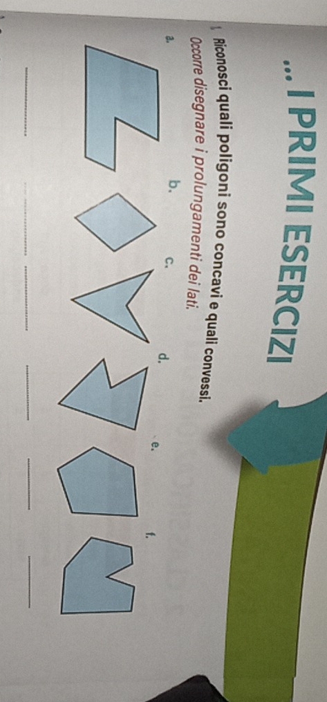 ... I PRIMI ESERCIZI 
Riconosci quali poligoni sono concavi e quali convessi. 
Occorre disegnare i prolungamenti dei lati. 
b. C、 d. e. f. 
_ 
_ 
__ 
_ 
_