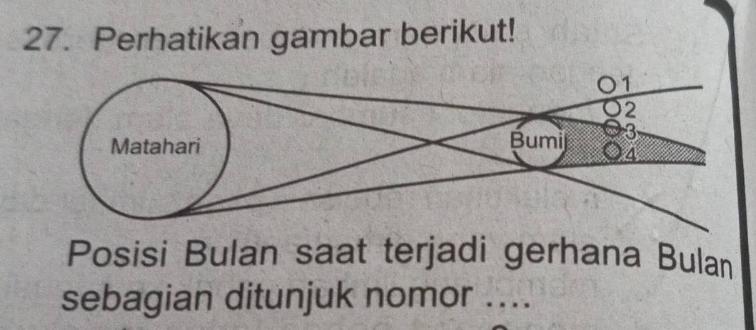 Perhatikan gambar berikut! 
Posisi Bulan saat terjadi gerhana Bulan 
sebagian ditunjuk nomor ....