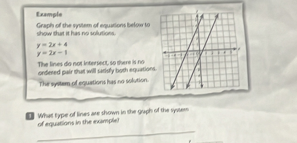 Example
Graph of the system of equations below to
show that it has no solutions.
y=2x+4
y=2x-1
The lines do not intersect, so there is no
ordered pair that will satisfy both equations
The system of equations has no solution.
D What type of lines are shown in the graph of the systern
_
of equations in the example?