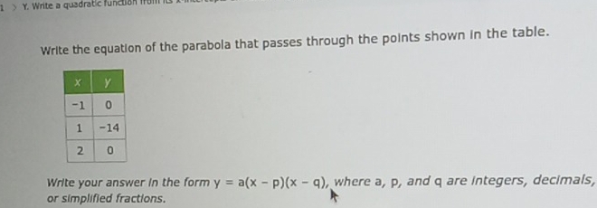 Write a quadratic function fum 
Write the equation of the parabola that passes through the points shown in the table. 
Write your answer in the form y=a(x-p)(x-q) , where a, p, and q are integers, decimals, 
or simplified fractions.