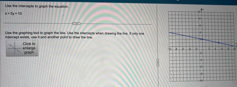 Use the intercepts to graph the equation.
x+5y=10
Use the graphing tool to graph the line. Use the intercepts when drawing the line. If only one 
intercept exists, use it and another point to draw the line. 
Click to 
enlarge 10 
graph