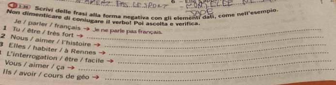 Scrivi delle frași alla forma negativa con gli elementi dati, come nell'esempio. 
Non dimenticare di coniugare il verbo! Poi ascolta e verifica. 
Je / parler / français → Je ne parle pas français. 
1 Tu / être / très fort → .. 
2 Nous / aimer / l'histoire_ 
3 Elles / habiter / à Rennes_ 
L'interrogation / être / facile_ 
_ 
Vous / aimer / ça → ... 
_ 
Ils / avoir / cours de géo