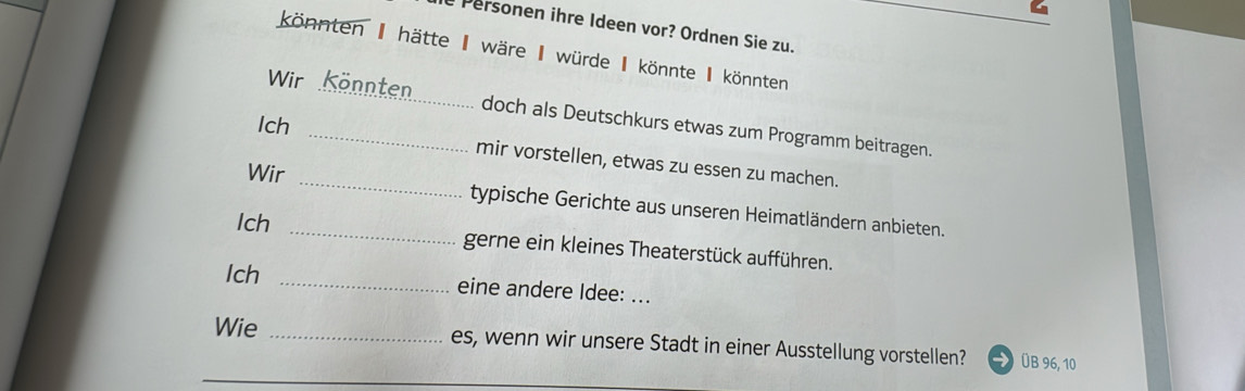 le Personen ihre Ideen vor? Ordnen Sie zu 
könnten I hätte I wäre I würde I könnte I könnten 
Wir_ _Könnten doch als Deutschkurs etwas zum Programm beitragen. 
Ich 
mir vorstellen, etwas zu essen zu machen. 
Wir _typische Gerichte aus unseren Heimatländern anbieten. 
Ich _gerne ein kleines Theaterstück aufführen. 
Ich 
_eine andere Idee: ... 
Wie _es, wenn wir unsere Stadt in einer Ausstellung vorstellen? ÜB 96, 10