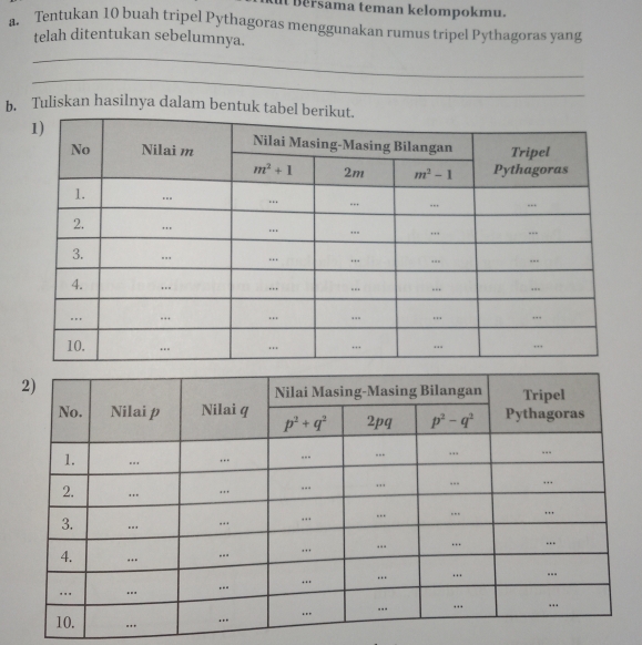 Dersama teman kelompokmu.
a. Tentukan 10 buah tripel Pythagoras menggunakan rumus tripel Pythagoras yang
telah ditentukan sebelumnya.
_
_
b. Tuliskan hasilnya dalam bentuk t