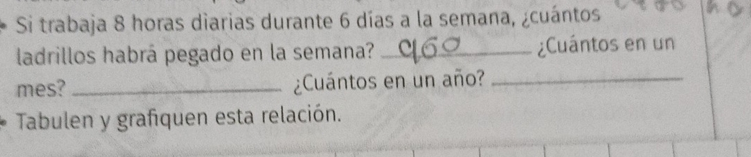 Si trabaja 8 horas diarias durante 6 días a la semana, ¿cuántos 
ladrillos habrá pegado en la semana? _¿Cuántos en un 
mes? _¿Cuántos en un año?_ 
Tabulen y grafiquen esta relación.