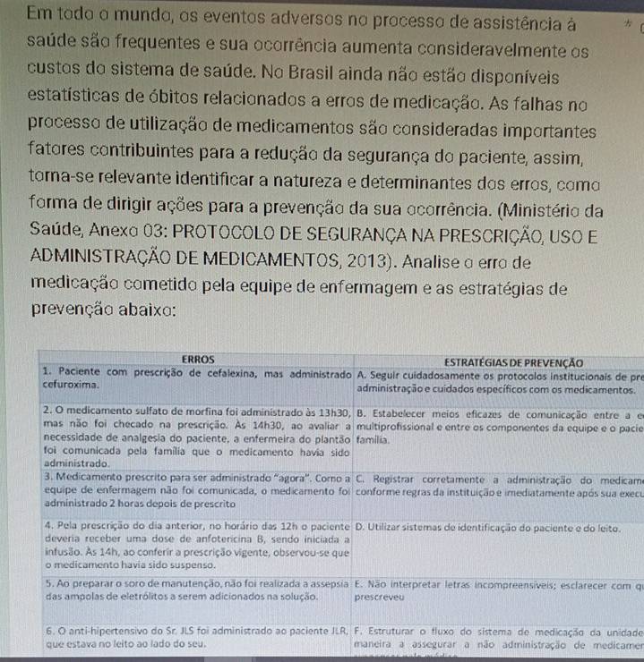 Em todo o mundo, os eventos adversos no processo de assistência à 
saúde são frequentes e sua ocorrência aumenta consideravelmente os 
custos do sistema de saúde. No Brasil ainda não estão disponíveis 
estatísticas de óbitos relacionados a erros de medicação. As falhas no 
processo de utilização de medicamentos são consideradas importantes 
fatores contribuintes para a redução da segurança do paciente, assim, 
torna-se relevante identificar a natureza e determinantes dos erros, como 
forma de dirigir ações para a prevenção da sua ocorrência. (Ministério da 
Saúde, Anexo 03: PROTOCOLO DE SEGURANÇA NA PRESCRIÇÃO, USO E 
ADMINISTRAÇÃO DE MEDICAMENTOS, 2013). Analise o erro de 
medicação cometido pela equipe de enfermagem e as estratégias de 
prevenção abaixo: 
pre 
os. 
a e 
acie 
camo 
xecu 
qi 
ade 
administração de medicamer