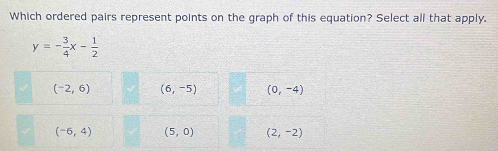 Which ordered pairs represent points on the graph of this equation? Select all that apply.
y=- 3/4 x- 1/2 
(-2,6)
(6,-5)
(0,-4)
(-6,4)
(5,0)
(2,-2)