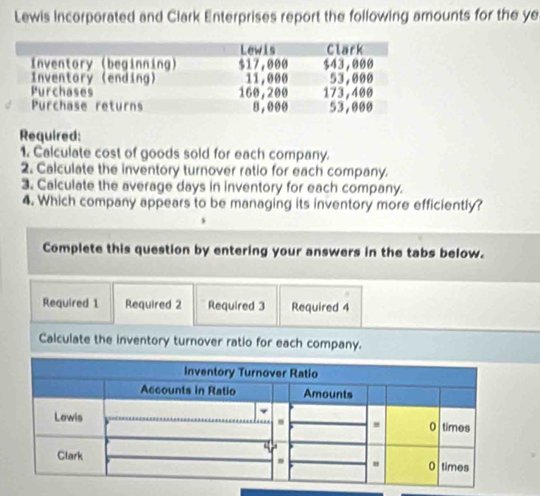 Lewis Incorporated and Clark Enterprises report the following amounts for the ye 
Required: 
1. Calculate cost of goods sold for each company. 
2. Calculate the inventory turnover ratio for each company. 
3. Calculate the average days in inventory for each company. 
4. Which company appears to be managing its inventory more efficiently? 
Complete this question by entering your answers in the tabs below. 
Required 1 Required 2 Required 3 Required 4 
Calculate the inventory turnover ratio for each company.