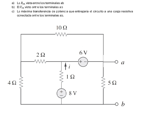 La R_th vista entre los terminales ab
b) l ELV_th visto entre los terminales ab
c) La máxima transferencia de potencia que entregaría el circuito a una carga resistiva 
conectada entre los terminales ab.