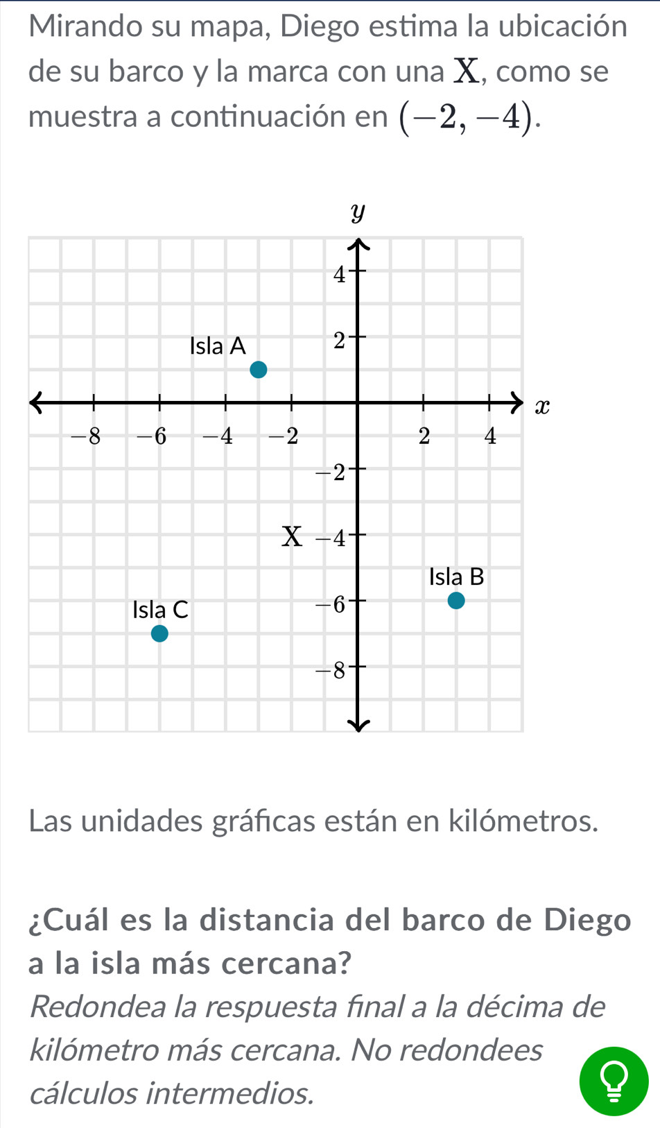 Mirando su mapa, Diego estima la ubicación
de su barco y la marca con una X, como se
muestra a continuación en (-2,-4). 
Las unidades gráficas están en kilómetros.
¿Cuál es la distancia del barco de Diego
a la isla más cercana?
Redondea la respuesta final a la décima de
kilómetro más cercana. No redondees
cálculos intermedios.