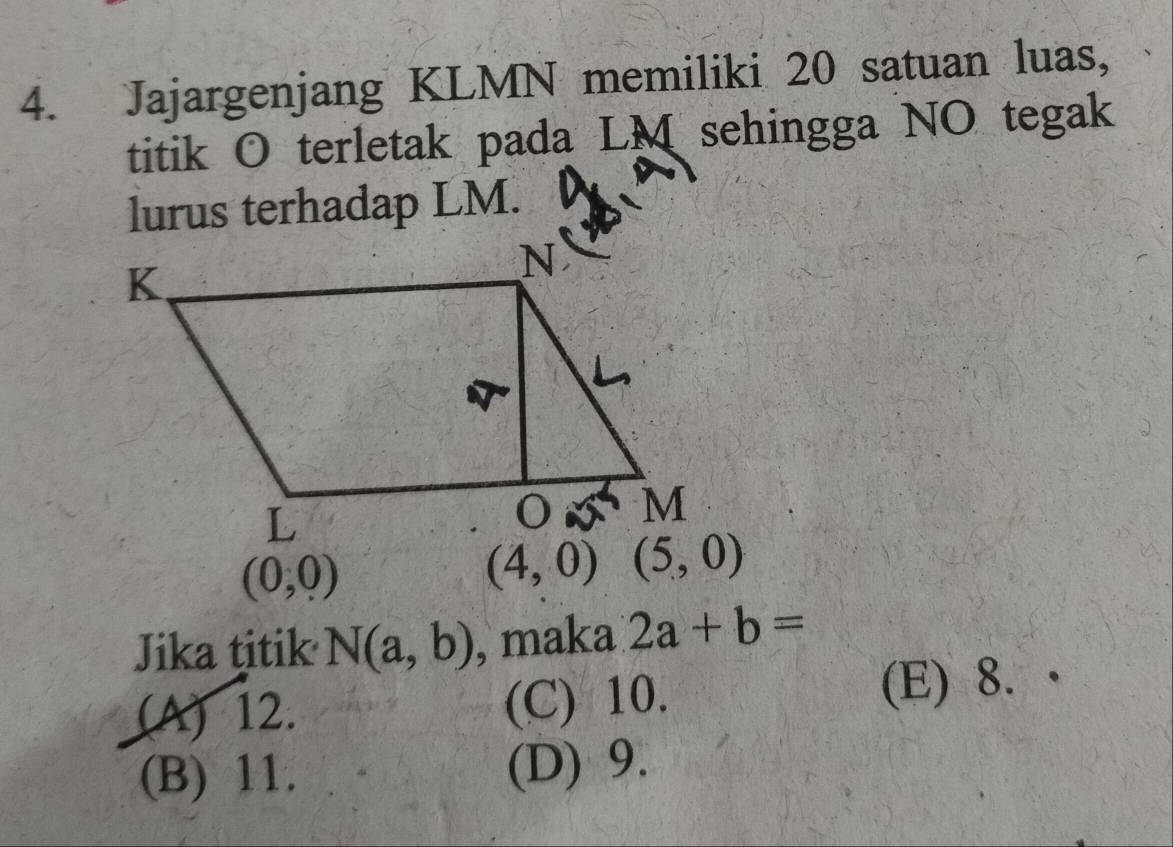 Jajargenjang KLMN memiliki 20 satuan luas,
titik O terletak pada LM sehingga NO tegak
lurus terhadap LM.
(0,0)
(4,0)
Jika titik N(a,b) , maka 2a+b=
(A) 12. (C) 10.
(E) 8. ·
(B) 11. (D) 9.