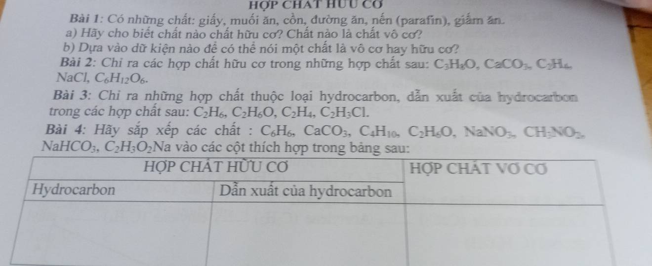 HợP CHAT HƯU Cơ 
Bài 1: Có những chất: giấy, muối ăn, cồn, đường ăn, nến (parafin), giấm ăn. 
a) Hãy cho biết chất nào chất hữu cơ? Chất nào là chất vô cơ? 
b) Dựa vào dữ kiện nào để có thể nói một chất là vô cơ hay hữu cơ? 
Bài 2: Chỉ ra các hợp chất hữu cơ trong những hợp chất sau: C_3H_8O, CaCO_3, C_2H_4
NaCl, C_6H_12O_6. 
Bài 3: Chi ra những hợp chất thuộc loại hydrocarbon, dẫn xuất của hydrocarbon 
trong các hợp chất sau: C_2H_6, C_2H_6O, C_2H_4, C_2H_3Cl. 
Bài 4: Hãy sắp xếp các chất : C_6H_6, CaCO_3, C_4H_10, C_2H_6O, NaNO_3, CH_3NO_2,
NaHCO_3, C_2H_3O_2N Na vào các cột thích hợp trong bảng sau: