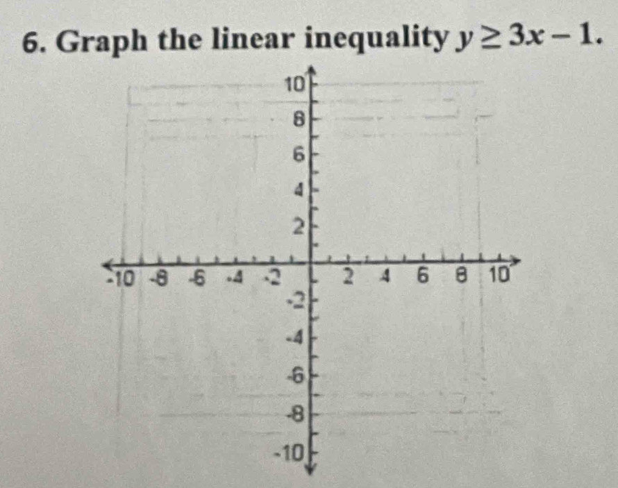 Graph the linear inequality y≥ 3x-1.