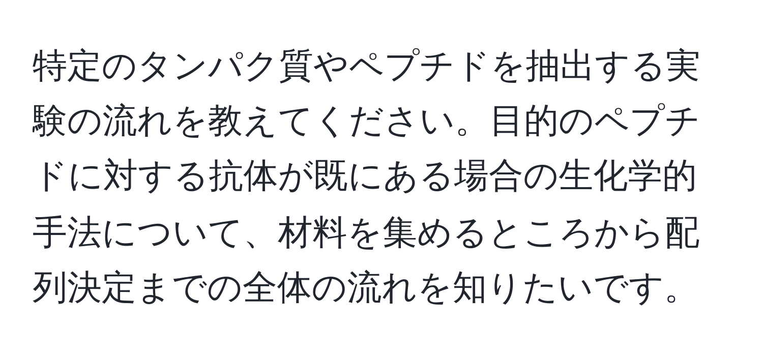 特定のタンパク質やペプチドを抽出する実験の流れを教えてください。目的のペプチドに対する抗体が既にある場合の生化学的手法について、材料を集めるところから配列決定までの全体の流れを知りたいです。