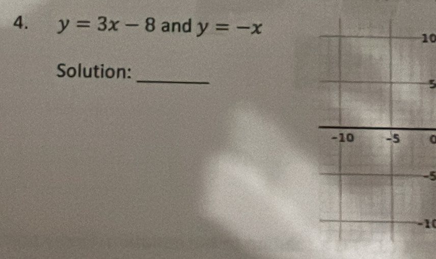 y=3x-8 and y=-x
10
_
Solution:
5
0
-5
-10