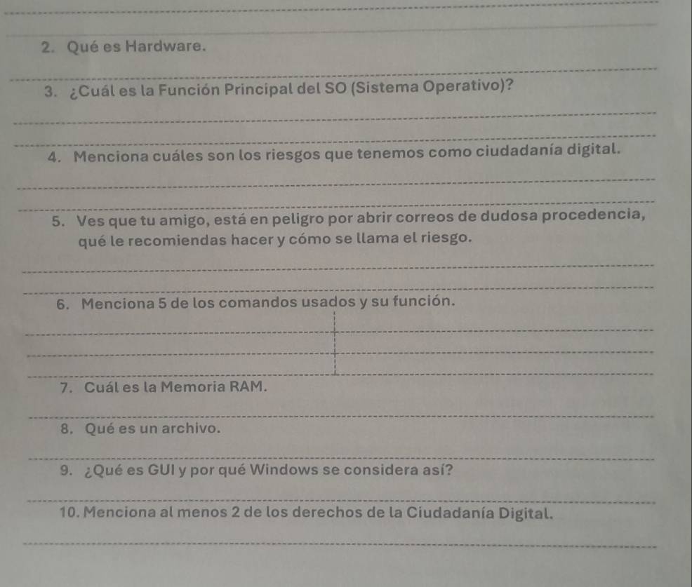 Qué es Hardware. 
_ 
3. ¿Cuál es la Función Principal del SO (Sistema Operativo)? 
_ 
_ 
4. Menciona cuáles son los riesgos que tenemos como ciudadanía digital. 
_ 
_ 
5. Ves que tu amigo, está en peligro por abrir correos de dudosa procedencia, 
qué le recomiendas hacer y cómo se llama el riesgo. 
_ 
_ 
6. Menciona 5 de los comandos usados y su función. 
_ 
_ 
_ 
7. Cuál es la Memoria RAM. 
_ 
8. Qué es un archivo. 
_ 
9. ¿Qué es GUI y por qué Windows se considera así? 
_ 
10. Menciona al menos 2 de los derechos de la Ciudadanía Digital. 
_