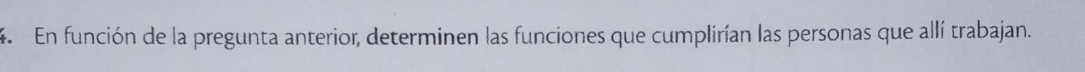 En función de la pregunta anterior, determinen las funciones que cumplirían las personas que allí trabajan.