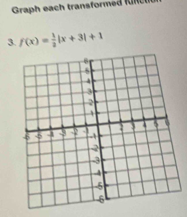 Graph each transformed func ht 
3. f(x)= 1/2 |x+3|+1