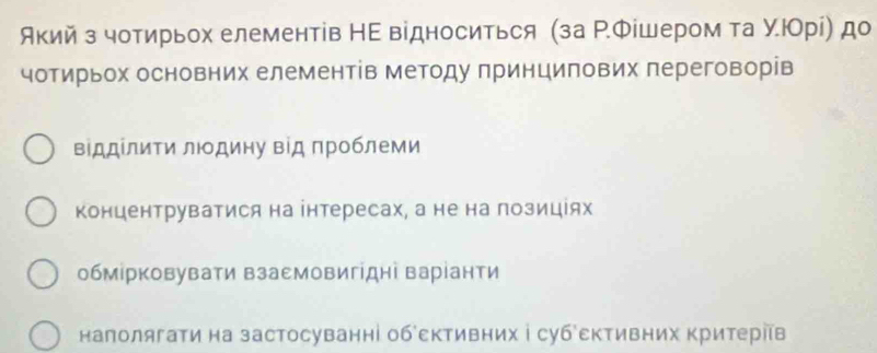 Акий з чотирьох елементів НΕ відноситься (за ΡФішером та УΙОрί) до
чотирьох основних елементів Методу принципових переговорів
ΒіддίлиΤи люοдину від проблеми
концентруватися на інтересах, а не на позиціях
обмірковувати взаемовигідні варіанти
налолягати на застосуванні обективних ⅰ субективних критерів