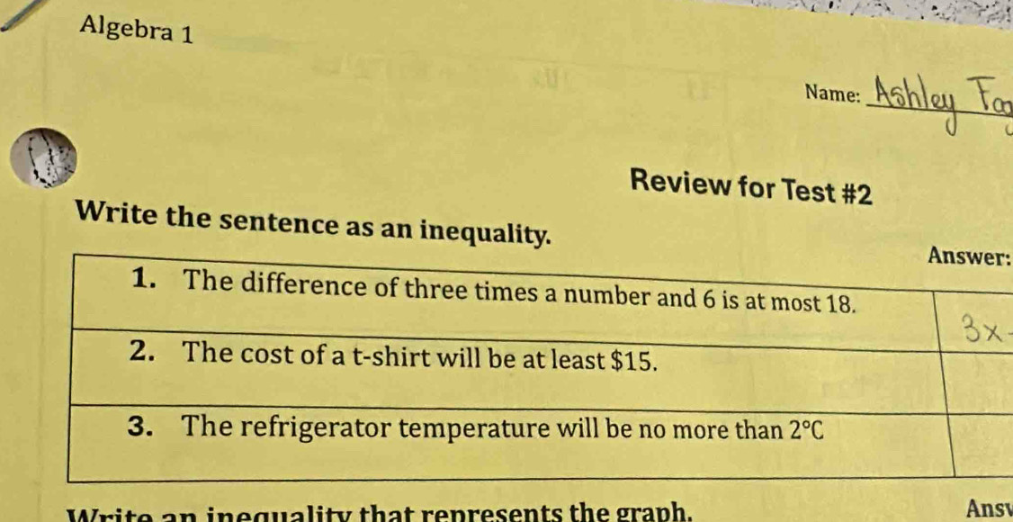 Algebra 1
_
Name:
Review for Test #2
Write the sentence as an inequality.
r:
Write an inequality that represents the graph. Ansé