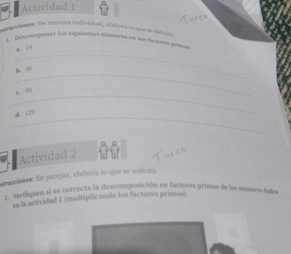 Actividad 1 
nstrucciones: De manera individual, elabora lo que se solicita. 
1. Descomponer los siguientes números en sus factores primos: 
_ 
a. 24
_ 
b. 36
_ 
c. 90
_ 
d. 120
Actividad 2 
strucciones: En parejas, elabora lo que se solicita. 
1. Verifiquen si es correcta la descomposición en factores primos de los números dados 
en la actividad 1 (multiplicando los factores primos).