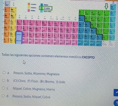 Todas las siguientes opciones contienen elementos metálicos EXCEPTo
a. Potasio, Sodio, Aluminio, Magnesio
b (CI) Cloro, (F) Flúor, (Br) Bromo, (I) Iodo
c. Níquel, Cobre, Magnesio, Hierro
d. Potasio, Sodio, Níquel, Cobre