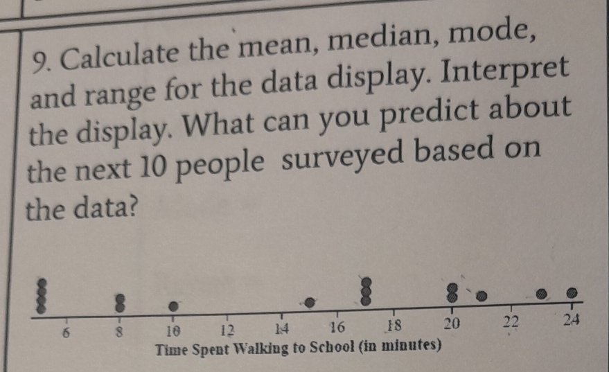 Calculate the mean, median, mode, 
and range for the data display. Interpret 
the display. What can you predict about 
the next 10 people surveyed based on 
the data?