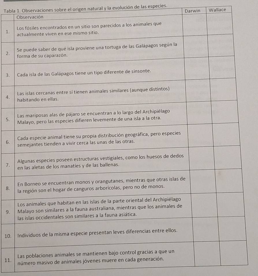 Tabla 1. Observaciones sobre el origen natural y la evolución de las especies. 
Darwin Wallace 
1. 
2. 
3. 
4. 
5. 
6. 
7. 
8. 
9. 
10. 
11. 
número masivo de