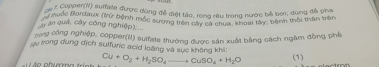 suat 
cầ 7. Copper(II) sulfate được dùng để diệt tảo, rong rêu trong nước bể bơi; dùng đễ pha 
thể thuốc Bordaux (trừ bệnh mốc sương trên cây cà chua, khoai tây; bệnh thối thân trên 
cây ăn quả, cây công nghiệp);... 
Trong công nghiệp, copper(II) sulfate thường được sản xuất bằng cách ngâm đồng phế 
liệu trong dung dịch sulfuric acid loãng và sục không khí: 
p ậ p phươn g tìn h Cu+O_2+H_2SO_4to CuSO_4+H_2O
(1) 
ectron.