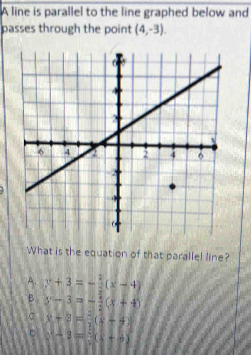 A line is parallel to the line graphed below and
passes through the point (4,-3). 
What is the equation of that parallel line?
A. y+3=- 3/2 (x-4)
B. y-3=- 2/2 (x+4)
C y+3= 2/3 (x-4)
D. y-3= 2/3 (x+4)