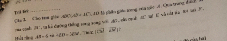 Trả lời:
ABC(AB AD là phân giác trong của góc A. Qua trung điểm 
Câu 2. Cho tam giác của cạnh BC, ta kẻ đường thẳng song song với AD, cất cạnh AC tại E và cất tia B4 tại F. 
Biết rằng AB=6 và 4BD=3BM. Tính: |vector CM-vector EM| ? 
đô của hai