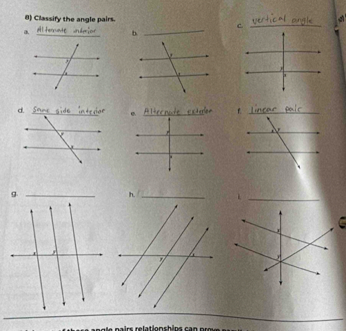 Classify the angle pairs. 

a._ 
b. 
_ 
_ 
g._