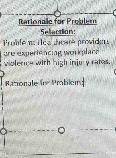 Rationale for Problem 
Selection: 
Problem: Healthcare providers 
are experiencing workplace 
violence with high injury rates. 
Rationale for Problem: