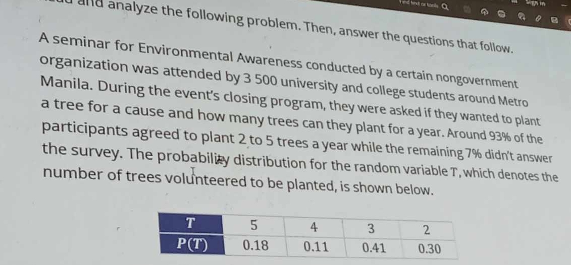 nd tiet or tools. Q
Hign m
d and analyze the following problem. Then, answer the questions that follow.
A seminar for Environmental Awareness conducted by a certain nongovernment
organization was attended by 3 500 university and college students around Metro
Manila. During the event's closing program, they were asked if they wanted to plant
a tree for a cause and how many trees can they plant for a year. Around 93% of the
participants agreed to plant 2 to 5 trees a year while the remaining 7% didn't answer
the survey. The probability distribution for the random variable T, which denotes the
number of trees volunteered to be planted, is shown below.